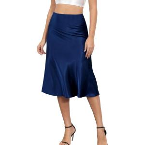 imageALCEA ROSEA Womens Satin High Waisted Silky Midi Skirt Elastic Aline Skirt for Wedding Party WorkNavy Blue