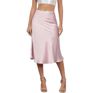 imageALCEA ROSEA Womens Satin High Waisted Silky Midi Skirt Elastic Aline Skirt for Wedding Party WorkPink