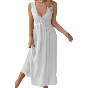 imageALCEA ROSEA Womens Sexy Lingerie Sheer Mesh Babydoll Sleepwear Pajamas Lace V Neck Sleeveless Chemise Nightgowns 3805White