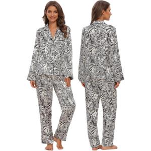 imageALCEA ROSEA Womens Silk Satin Pajamas Set 2 Piece Silky Pj Sets Sleepwear Loungewear Button Down Short Sleeve Bridesmaid PjsAnimal Print