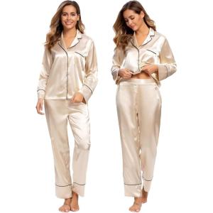 imageALCEA ROSEA Womens Silk Satin Pajamas Set 2 Piece Silky Pj Sets Sleepwear Loungewear Button Down Short Sleeve Bridesmaid PjsChampagne