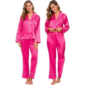 imageALCEA ROSEA Womens Silk Satin Pajamas Set 2 Piece Silky Pj Sets Sleepwear Loungewear Button Down Short Sleeve Bridesmaid PjsFuchsia