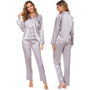 imageALCEA ROSEA Womens Silk Satin Pajamas Set 2 Piece Silky Pj Sets Sleepwear Loungewear Button Down Short Sleeve Bridesmaid PjsGrey Charcoa