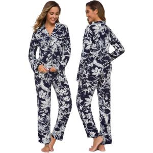 imageALCEA ROSEA Womens Silk Satin Pajamas Set 2 Piece Silky Pj Sets Sleepwear Loungewear Button Down Short Sleeve Bridesmaid PjsNavy Flower
