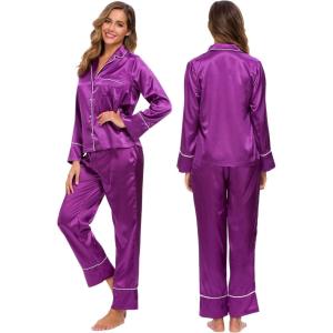 imageALCEA ROSEA Womens Silk Satin Pajamas Set 2 Piece Silky Pj Sets Sleepwear Loungewear Button Down Short Sleeve Bridesmaid PjsViolet