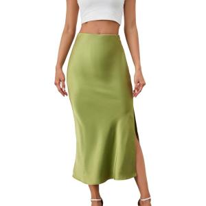 imageALCEA ROSEA Womens Silky Satin Midi Skirt High Waist Elastic Waist A Line Skirt with Slit7819apple Green