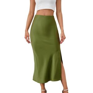 imageALCEA ROSEA Womens Silky Satin Midi Skirt High Waist Elastic Waist A Line Skirt with Slit7819army Green