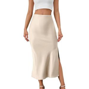 imageALCEA ROSEA Womens Silky Satin Midi Skirt High Waist Elastic Waist A Line Skirt with Slit7819beige