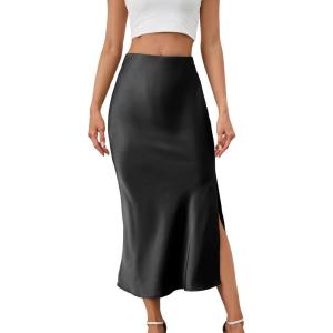imageALCEA ROSEA Womens Silky Satin Midi Skirt High Waist Elastic Waist A Line Skirt with Slit7819black