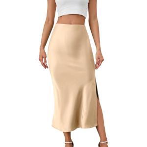 imageALCEA ROSEA Womens Silky Satin Midi Skirt High Waist Elastic Waist A Line Skirt with Slit7819champagne