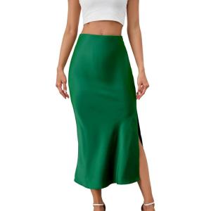 imageALCEA ROSEA Womens Silky Satin Midi Skirt High Waist Elastic Waist A Line Skirt with Slit7819dark Green
