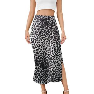 imageALCEA ROSEA Womens Silky Satin Midi Skirt High Waist Elastic Waist A Line Skirt with Slit7819dark Grey