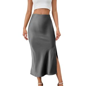 imageALCEA ROSEA Womens Silky Satin Midi Skirt High Waist Elastic Waist A Line Skirt with Slit7819grey