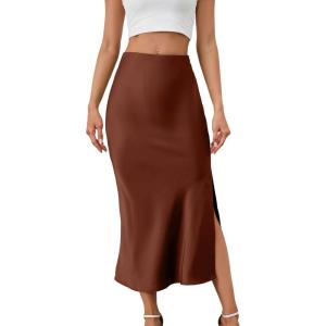 imageALCEA ROSEA Womens Silky Satin Midi Skirt High Waist Elastic Waist A Line Skirt with Slit7819khaki