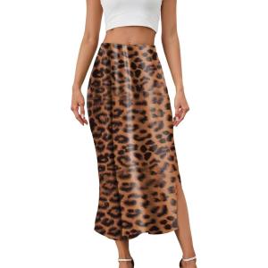 imageALCEA ROSEA Womens Silky Satin Midi Skirt High Waist Elastic Waist A Line Skirt with Slit7819leopard