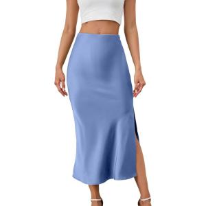 imageALCEA ROSEA Womens Silky Satin Midi Skirt High Waist Elastic Waist A Line Skirt with Slit7819midnight Blue