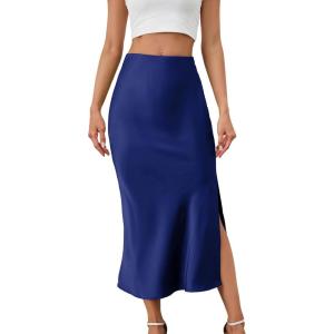 imageALCEA ROSEA Womens Silky Satin Midi Skirt High Waist Elastic Waist A Line Skirt with Slit7819navy