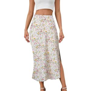 imageALCEA ROSEA Womens Silky Satin Midi Skirt High Waist Elastic Waist A Line Skirt with Slit7819pink