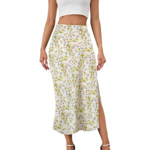 imageALCEA ROSEA Womens Silky Satin Midi Skirt High Waist Elastic Waist A Line Skirt with Slit7819yellow