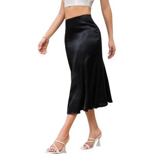 imageALCEA ROSEA Womens Silky Satin Midi Skirt High Waist Elastic Waist A Line Skirt with SlitBlack1