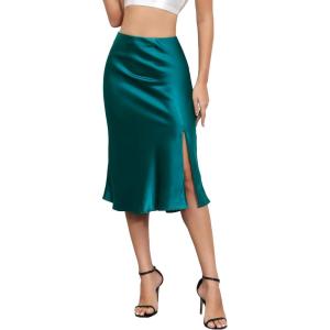 imageALCEA ROSEA Womens Silky Satin Midi Skirt High Waist Elastic Waist A Line Skirt with SlitBlackish Green