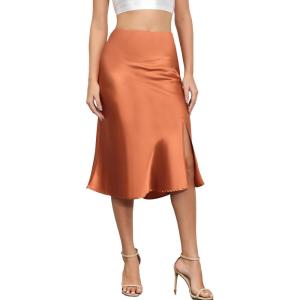 imageALCEA ROSEA Womens Silky Satin Midi Skirt High Waist Elastic Waist A Line Skirt with SlitCaramel
