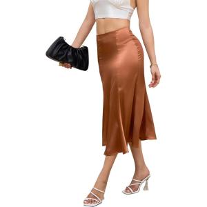 imageALCEA ROSEA Womens Silky Satin Midi Skirt High Waist Elastic Waist A Line Skirt with SlitCaramel2