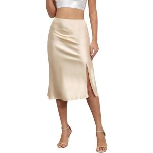 imageALCEA ROSEA Womens Silky Satin Midi Skirt High Waist Elastic Waist A Line Skirt with SlitChampagne