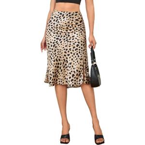 imageALCEA ROSEA Womens Silky Satin Midi Skirt High Waist Elastic Waist A Line Skirt with SlitLeopard
