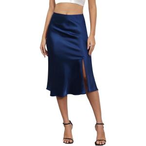 imageALCEA ROSEA Womens Silky Satin Midi Skirt High Waist Elastic Waist A Line Skirt with SlitNavy