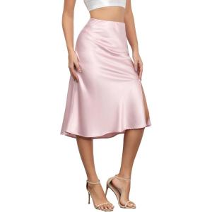imageALCEA ROSEA Womens Silky Satin Midi Skirt High Waist Elastic Waist A Line Skirt with SlitPink