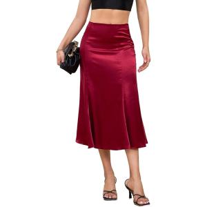 imageALCEA ROSEA Womens Silky Satin Midi Skirt High Waist Elastic Waist A Line Skirt with SlitWine1