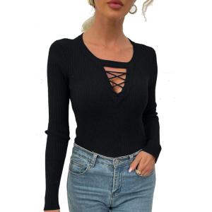 imageALCEA ROSEA Womens Sweater Sexy Fitted Zipper V Neck Knitwear Pullover SweaterBlack01