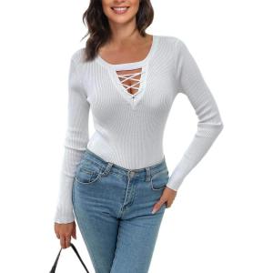 imageALCEA ROSEA Womens Sweater Sexy Fitted Zipper V Neck Knitwear Pullover SweaterWhite01