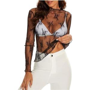 imageALCEA ROSEA Womens Mesh See Through Tops Lace Blouse Floral Sheer Long Sleeve Tops for Women1819black