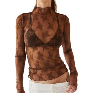imageALCEA ROSEA Womens Mesh See Through Tops Lace Blouse Floral Sheer Long Sleeve Tops for Women1819brown