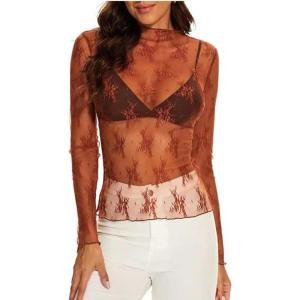 imageALCEA ROSEA Womens Mesh See Through Tops Lace Blouse Floral Sheer Long Sleeve Tops for Women1819khaki
