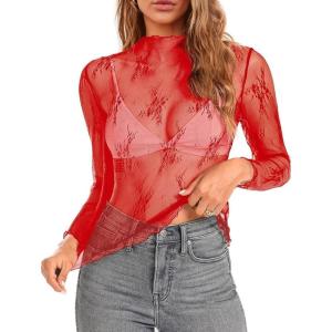 imageALCEA ROSEA Womens Mesh See Through Tops Lace Blouse Floral Sheer Long Sleeve Tops for Women1819red