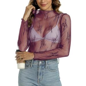 imageALCEA ROSEA Womens Mesh See Through Tops Lace Blouse Floral Sheer Long Sleeve Tops for Women1819violet