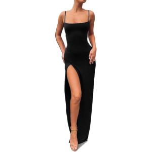 imageALCEA ROSEA Womens Satin Dress Backless Spaghetti Strap Cocktail Dress Wedding Guest Evening Party Midi Dresses with Slit5717black