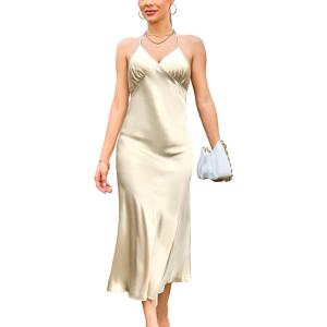 imageALCEA ROSEA Womens Satin Dress Backless Spaghetti Strap Cocktail Dress Wedding Guest Evening Party Midi Dresses with SlitChampagne2