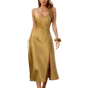 imageALCEA ROSEA Womens Satin Dress Backless Spaghetti Strap Cocktail Dress Wedding Guest Evening Party Midi Dresses with SlitRich Gold