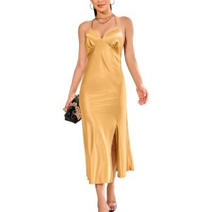 imageALCEA ROSEA Womens Satin Dress Backless Spaghetti Strap Cocktail Dress Wedding Guest Evening Party Midi Dresses with SlitRich Gold2