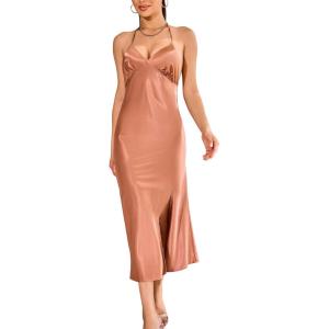 imageALCEA ROSEA Womens Satin Dress Backless Spaghetti Strap Cocktail Dress Wedding Guest Evening Party Midi Dresses with SlitRose Gold