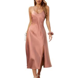 imageALCEA ROSEA Womens Satin Dress Backless Spaghetti Strap Cocktail Dress Wedding Guest Evening Party Midi Dresses with SlitRose Pink