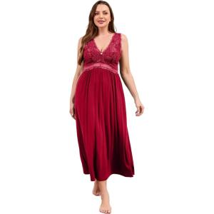 imageALCEA ROSEA Plus Size Womens Sexy Lace Full length Silky Nightgowns Oversized Elegant Lingerie V Neck Sleeveless Sleepwear023burgundy