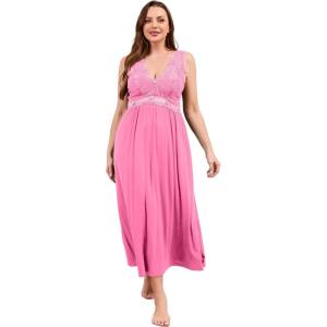 imageALCEA ROSEA Plus Size Womens Sexy Lace Full length Silky Nightgowns Oversized Elegant Lingerie V Neck Sleeveless Sleepwear023candy Pink