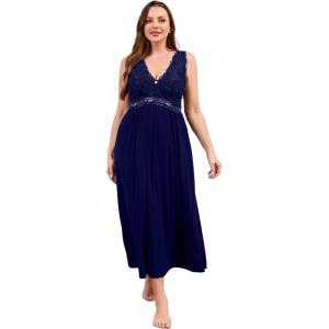 imageALCEA ROSEA Plus Size Womens Sexy Lace Full length Silky Nightgowns Oversized Elegant Lingerie V Neck Sleeveless Sleepwear023navy