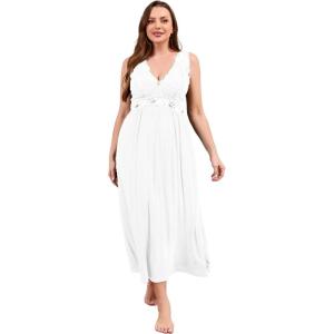 imageALCEA ROSEA Plus Size Womens Sexy Lace Full length Silky Nightgowns Oversized Elegant Lingerie V Neck Sleeveless Sleepwear023white