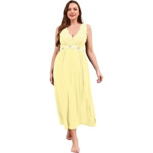 imageALCEA ROSEA Plus Size Womens Sexy Lace Full length Silky Nightgowns Oversized Elegant Lingerie V Neck Sleeveless Sleepwear023yellow